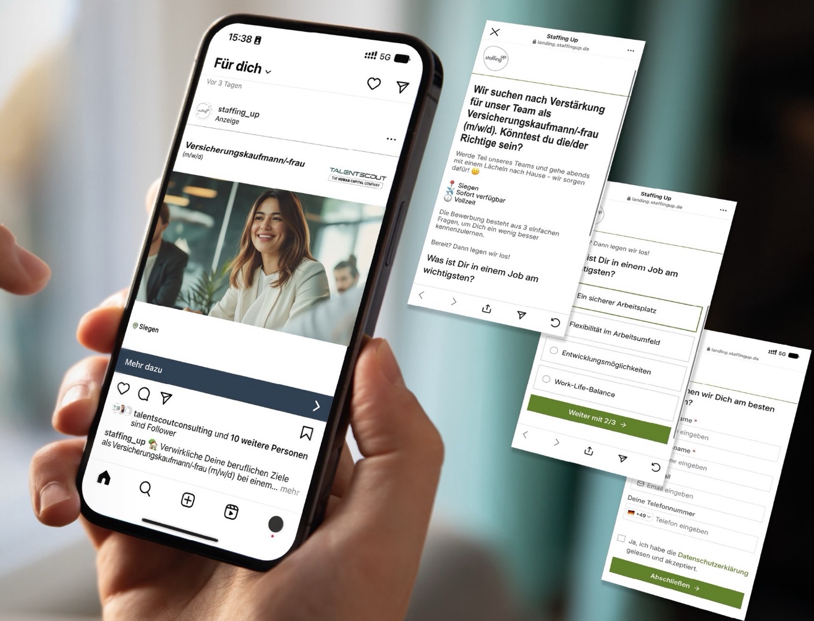 staffingUP aus Sicht der Bewerber: Stellenanzeige im Instagram-Feed und die dreistufige Bewerbungsstrecke auf dem Smartphone