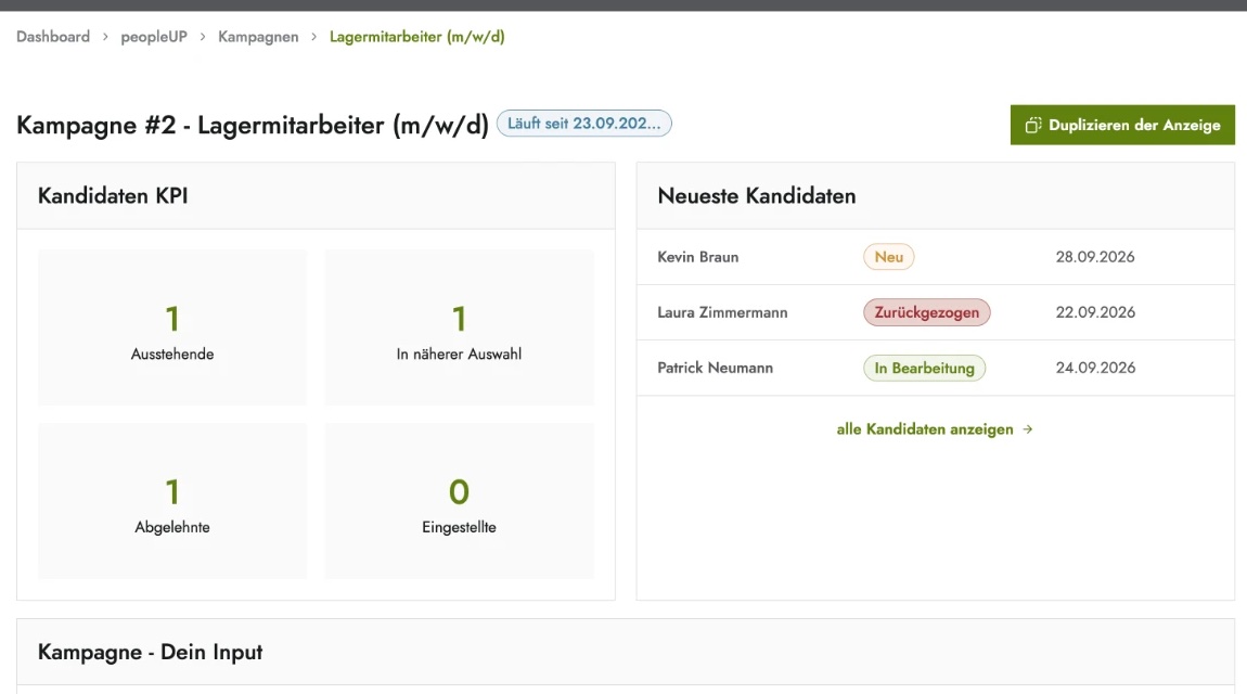 staffingUP Kampagnen-Ansicht: Kandidaten-Kennzahlen und neueste Bewerbungen einer laufenden Kampagne